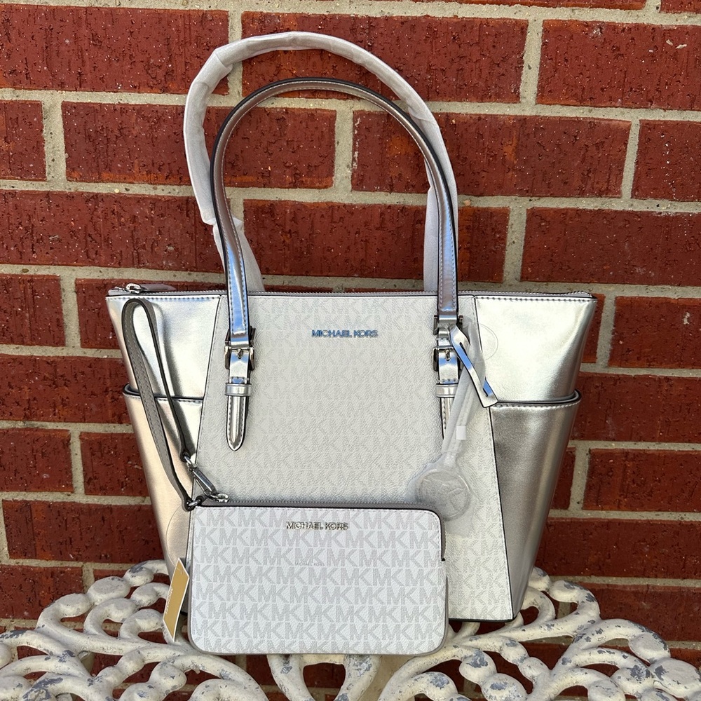 Michael Kors Silver and White Tote Bag Set